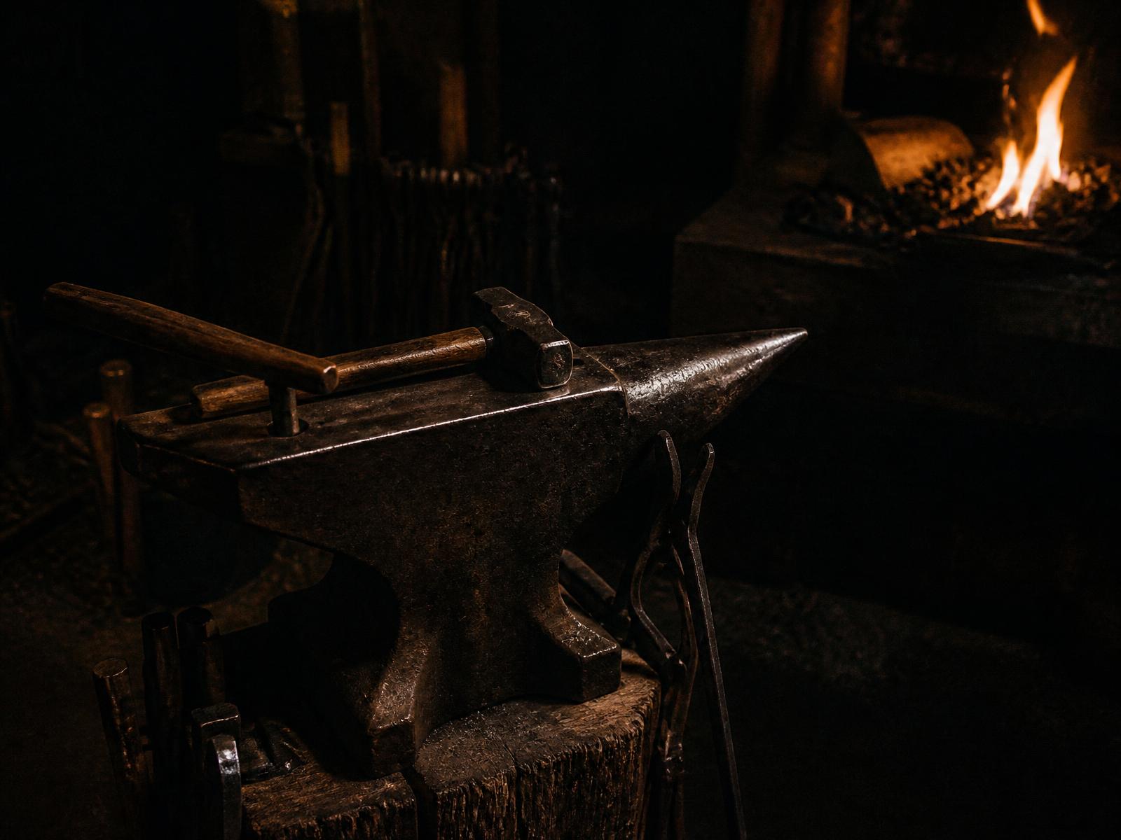 Blacksmith anvil and hammer lit by forge fire